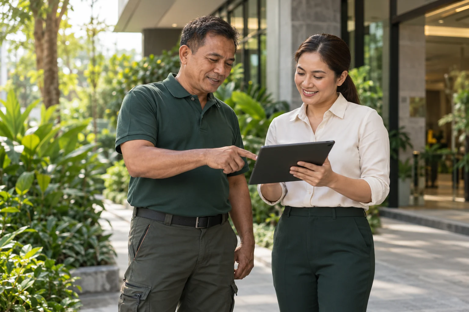 Illustrative pest management professionals reviewing a service visit on a tablet